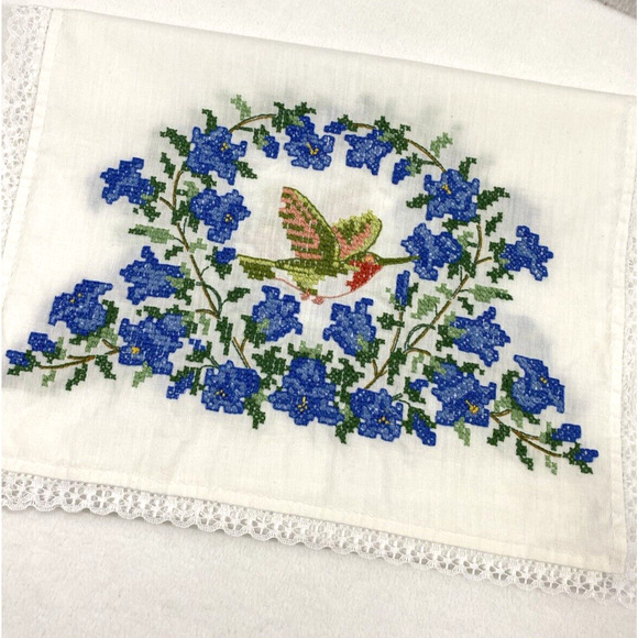 Two Hummingbird‎ Floral Embroidered Table Runners White Cotton Lace Trim - Picture 9 of 10